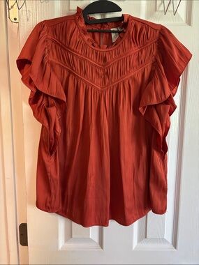 Joie Rust Orange Ruffle Yoke Pintuck Blouse